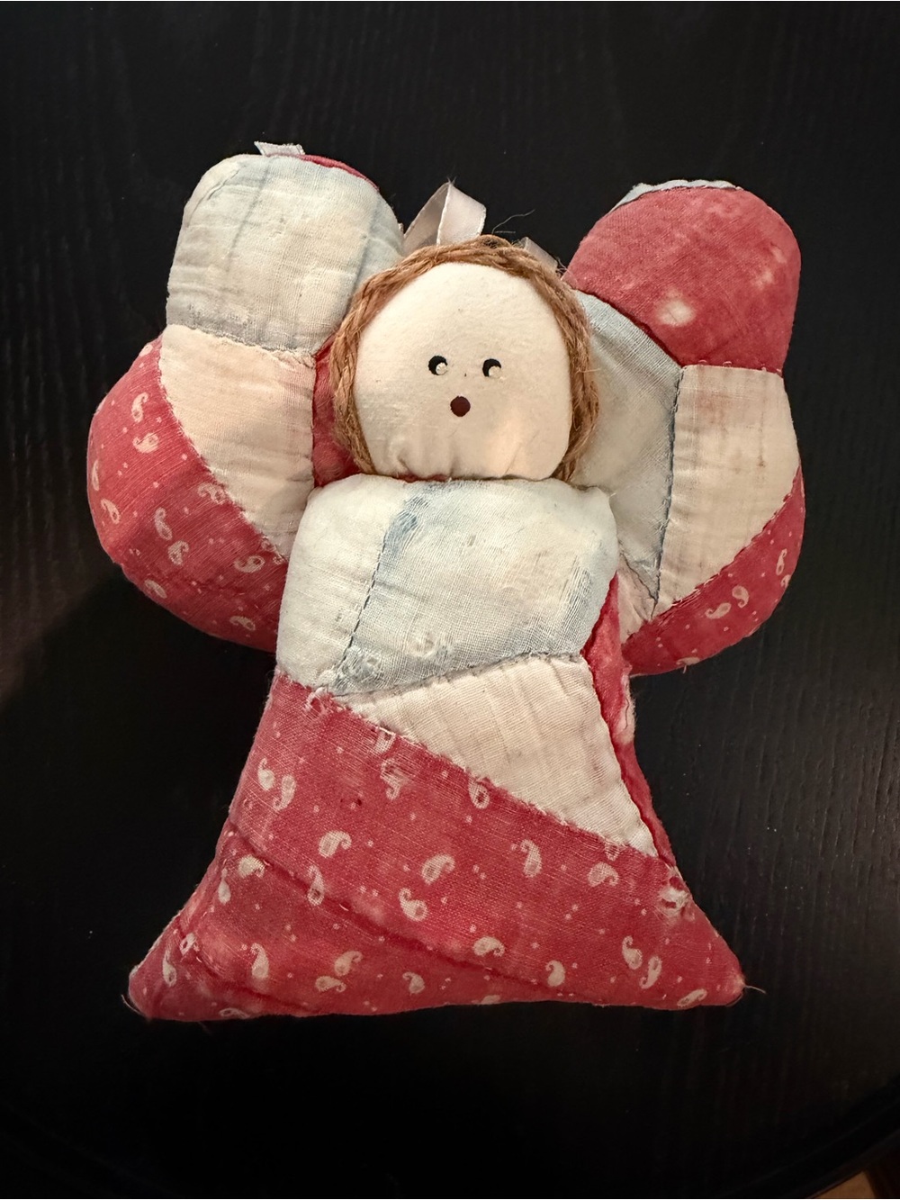 Handmade Red and Cream Patchwork Angel Holiday Large (12”) Ornament